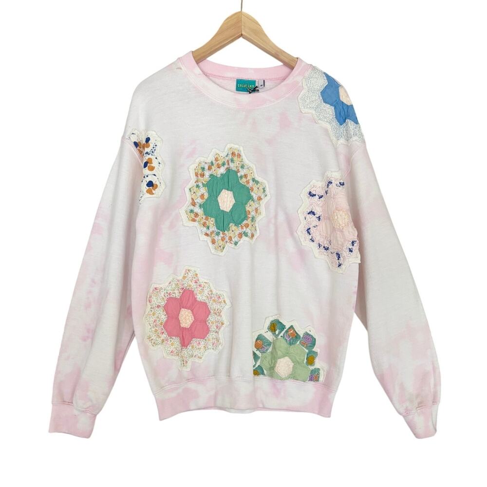$186 OOAK Upcycled / Handmade Quilt Patchwork Pink Sweatshirt- Size Medium, Boho